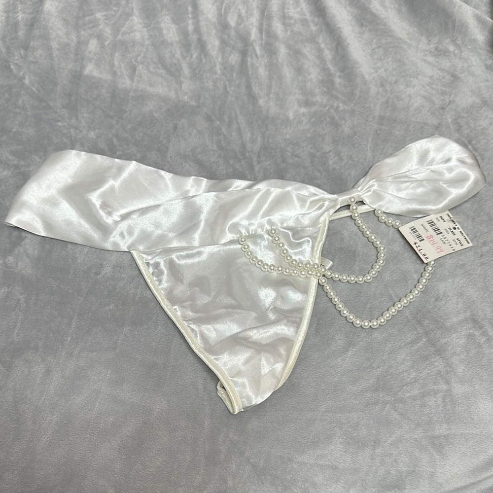 Frederick's of Hollywood White Satin and Pearl Thong Panties Bridal Wedding